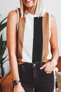 Online Dear-Lover Color Block Sleeveless Knitted Sweater Vest Khaki Stripe