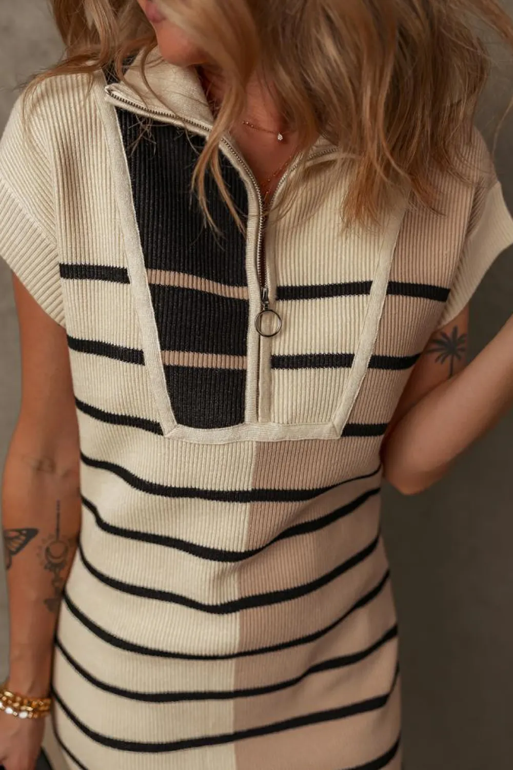 Fashion Dear-Lover Color Block Quarter Zip Collar Short Sleeve Sweater Dress Khaki Stripe
