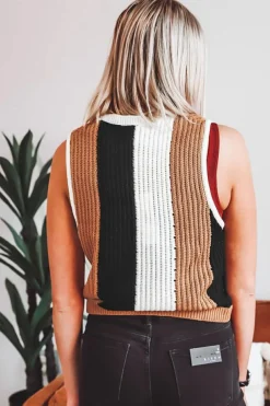 Online Dear-Lover Color Block Sleeveless Knitted Sweater Vest Khaki Stripe