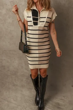 Fashion Dear-Lover Color Block Quarter Zip Collar Short Sleeve Sweater Dress Khaki Stripe