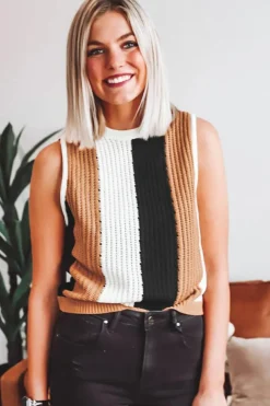 Online Dear-Lover Color Block Sleeveless Knitted Sweater Vest Khaki Stripe