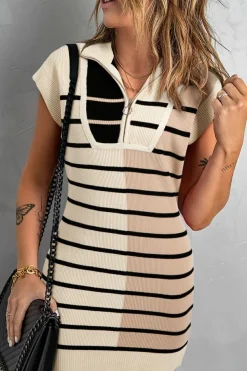 Fashion Dear-Lover Color Block Quarter Zip Collar Short Sleeve Sweater Dress Khaki Stripe