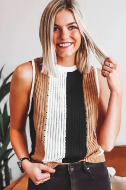 Online Dear-Lover Color Block Sleeveless Knitted Sweater Vest Khaki Stripe