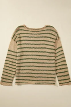 Clearance Dear-Lover Drop Shoulder Casual Sweater Khaki Stripe