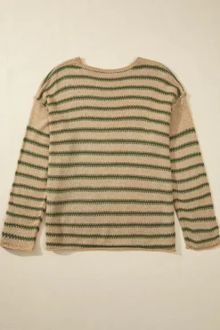 Clearance Dear-Lover Drop Shoulder Casual Sweater Khaki Stripe