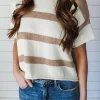 Outlet Dear-Lover Dropped Short Sleeve Lightweight Knitted Top Khaki Stripe