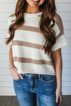 Outlet Dear-Lover Dropped Short Sleeve Lightweight Knitted Top Khaki Stripe