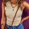 Best Dear-Lover Exposed Seam Trim Round Neck Sleeveless Top Khaki Stripe