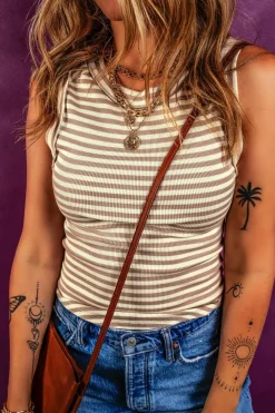 Best Dear-Lover Exposed Seam Trim Round Neck Sleeveless Top Khaki Stripe