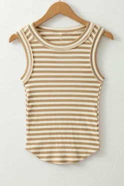 Best Dear-Lover Exposed Seam Trim Round Neck Sleeveless Top Khaki Stripe