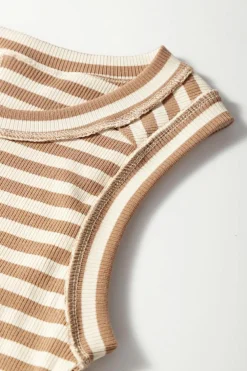 Best Dear-Lover Exposed Seam Trim Round Neck Sleeveless Top Khaki Stripe