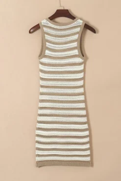 Best Dear-Lover Hollowed Knit Sleeveless Sweater Dress Khaki Stripe