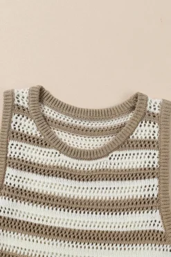 Best Dear-Lover Hollowed Knit Sleeveless Sweater Dress Khaki Stripe
