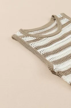 Best Dear-Lover Hollowed Knit Sleeveless Sweater Dress Khaki Stripe