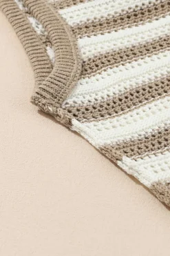Best Dear-Lover Hollowed Knit Sleeveless Sweater Dress Khaki Stripe