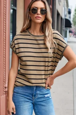 Clearance Dear-Lover Knitted Bat Sleeve T Shirt Khaki Stripe