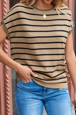 Clearance Dear-Lover Knitted Bat Sleeve T Shirt Khaki Stripe