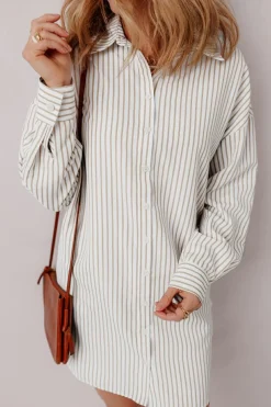Best Dear-Lover Long Sleeve Button Up Mini Shirt Dress Khaki Stripe