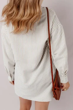 Best Dear-Lover Long Sleeve Button Up Mini Shirt Dress Khaki Stripe