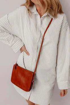 Best Dear-Lover Long Sleeve Button Up Mini Shirt Dress Khaki Stripe