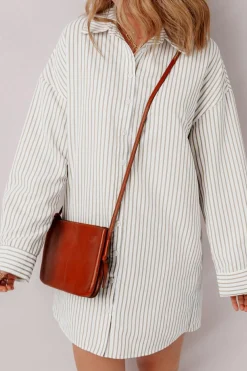 Best Dear-Lover Long Sleeve Button Up Mini Shirt Dress Khaki Stripe