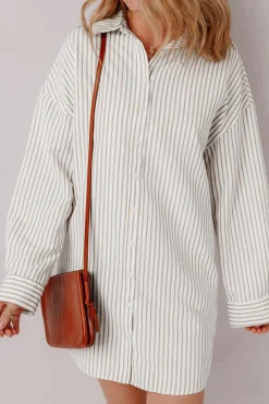 Best Dear-Lover Long Sleeve Button Up Mini Shirt Dress Khaki Stripe