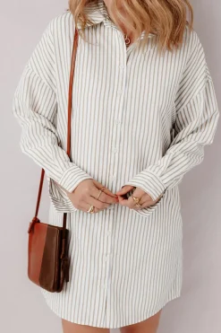 Best Dear-Lover Long Sleeve Button Up Mini Shirt Dress Khaki Stripe