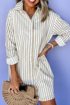 Best Dear-Lover Long Sleeve Button Up Mini Shirt Dress Khaki Stripe