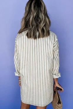 Best Dear-Lover Long Sleeve Button Up Mini Shirt Dress Khaki Stripe