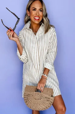 Best Dear-Lover Long Sleeve Button Up Mini Shirt Dress Khaki Stripe