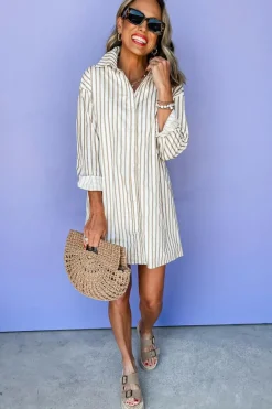 Best Dear-Lover Long Sleeve Button Up Mini Shirt Dress Khaki Stripe