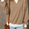 New Dear-Lover Patched Edge Textured Round Neck Long Sleeve Top Khaki Stripe