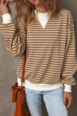 New Dear-Lover Patched Edge Textured Round Neck Long Sleeve Top Khaki Stripe