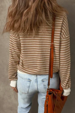 New Dear-Lover Patched Edge Textured Round Neck Long Sleeve Top Khaki Stripe