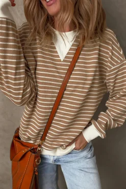 New Dear-Lover Patched Edge Textured Round Neck Long Sleeve Top Khaki Stripe
