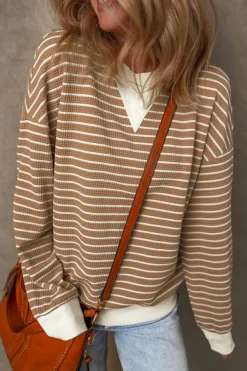 New Dear-Lover Patched Edge Textured Round Neck Long Sleeve Top Khaki Stripe
