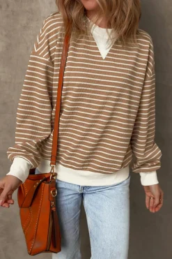 New Dear-Lover Patched Edge Textured Round Neck Long Sleeve Top Khaki Stripe