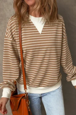New Dear-Lover Patched Edge Textured Round Neck Long Sleeve Top Khaki Stripe