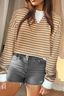 New Dear-Lover Patched Edge Textured Round Neck Long Sleeve Top Khaki Stripe