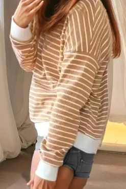New Dear-Lover Patched Edge Textured Round Neck Long Sleeve Top Khaki Stripe