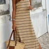 Clearance Dear-Lover Stripe Print Open Back Sleeveless Maxi Dress with Slits Khaki