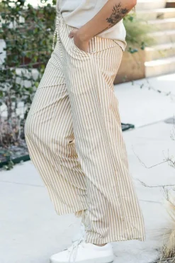 Best Dear-Lover Print Wide Leg Drawstring Pants Khaki Stripe