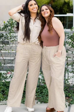 Best Dear-Lover Print Wide Leg Drawstring Pants Khaki Stripe