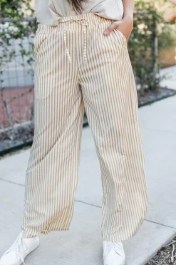 Best Dear-Lover Print Wide Leg Drawstring Pants Khaki Stripe