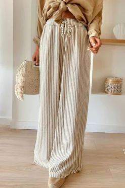 Best Dear-Lover Print Wide Leg Drawstring Pants Khaki Stripe