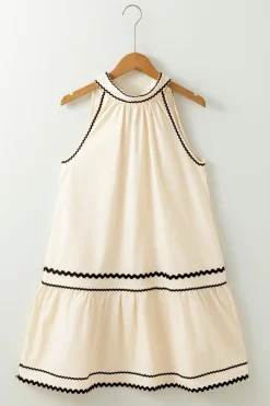 Clearance Dear-Lover Ric Rac Trim Halter A-line Sleeveless Mini Dress Khaki Stripe