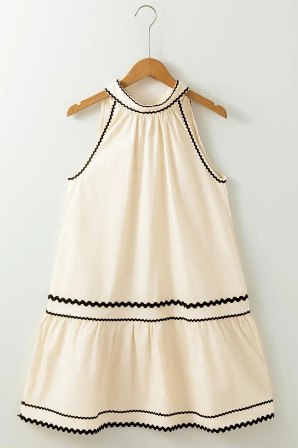 Clearance Dear-Lover Ric Rac Trim Halter A-line Sleeveless Mini Dress Khaki Stripe