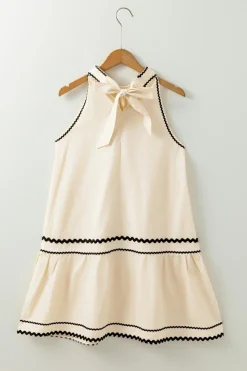 Clearance Dear-Lover Ric Rac Trim Halter A-line Sleeveless Mini Dress Khaki Stripe