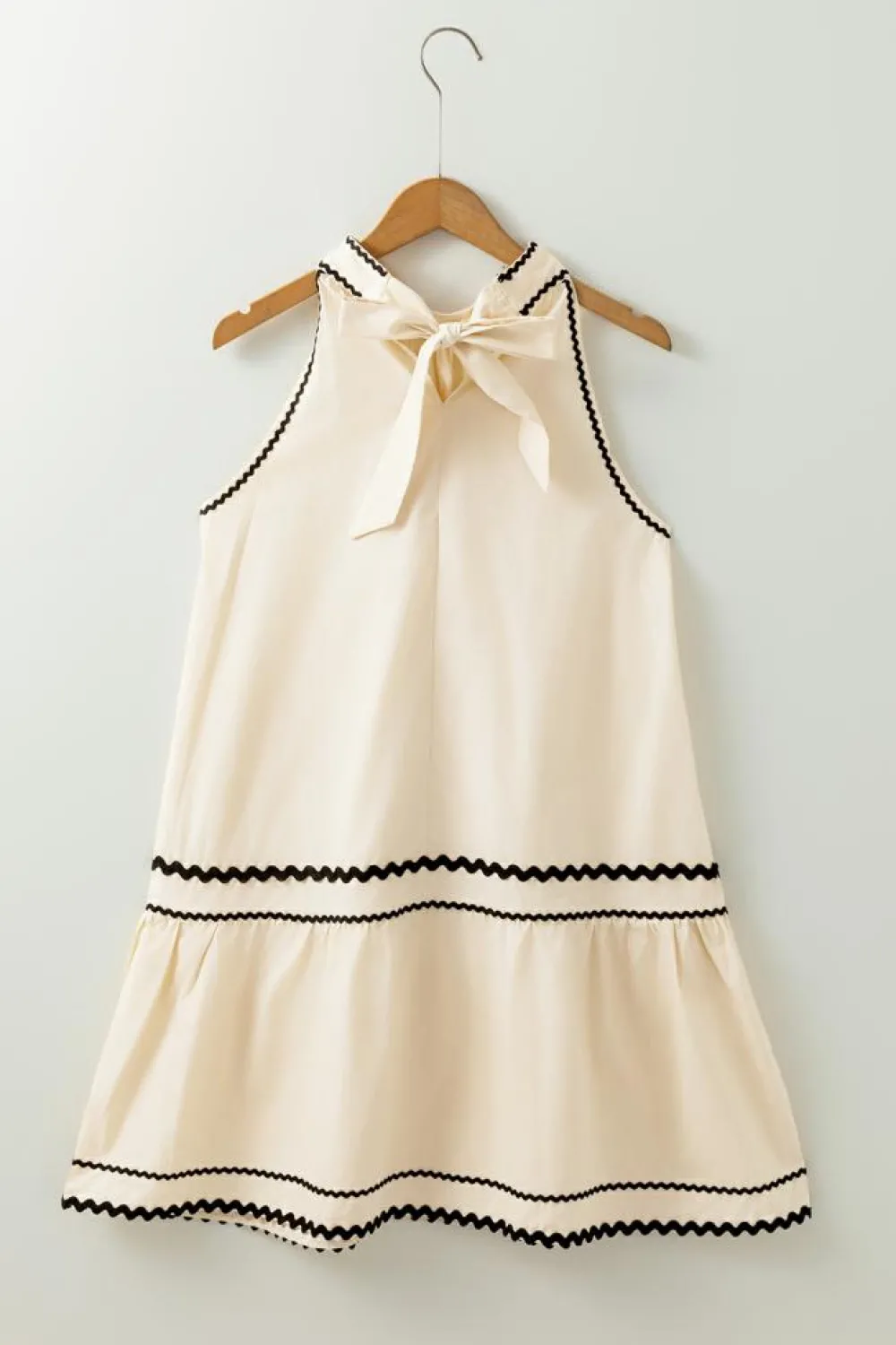 Clearance Dear-Lover Ric Rac Trim Halter A-line Sleeveless Mini Dress Khaki Stripe