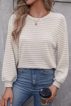 Discount Dear-Lover Round Neck Drop Shoulder Long Sleeve Top Khaki Stripe